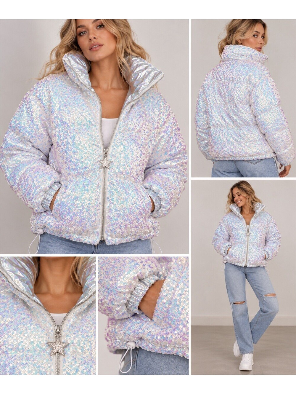 Fantastic Fawn L Iridescent Sequin Puffer Jacket Holographic Festival Coat